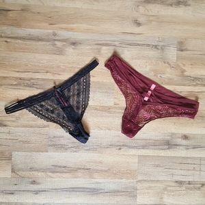 TWO PAIRS Lace and Mesh Thong Panties Size 2X Black & Burgundy Splendies